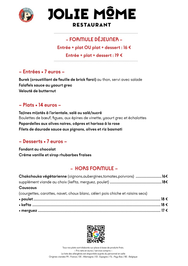 Restaurant Jolie Môme menu 2