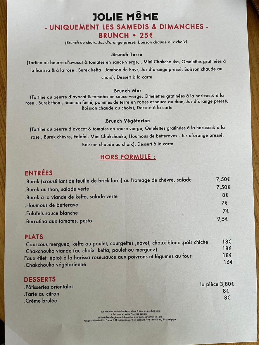 Restaurant Jolie Môme menu 3