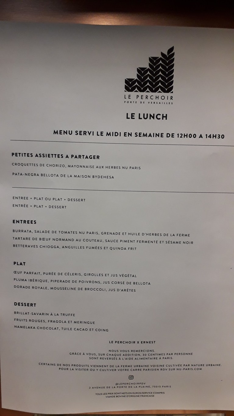 Le Perchoir Porte de Versailles menu 1