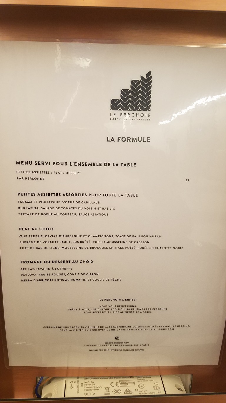 Le Perchoir Porte de Versailles menu 2