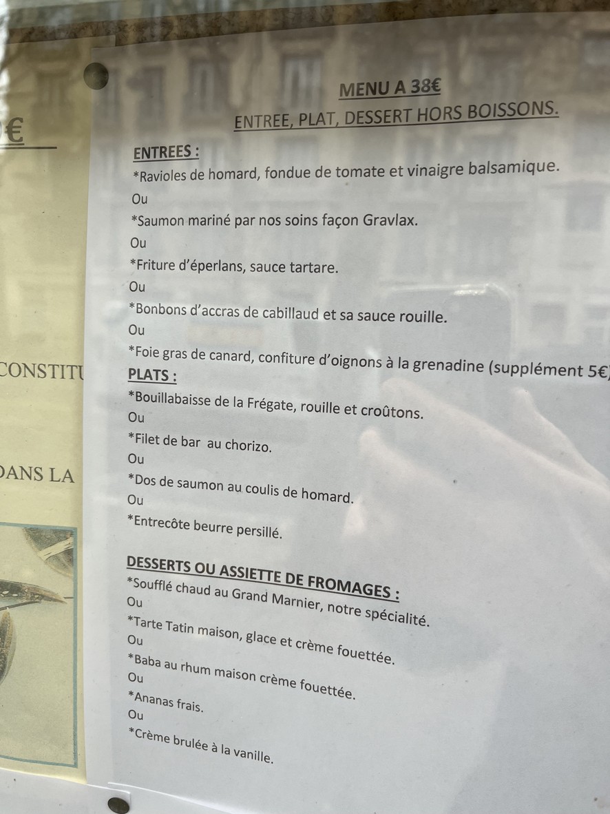 A La Frégate menu 1