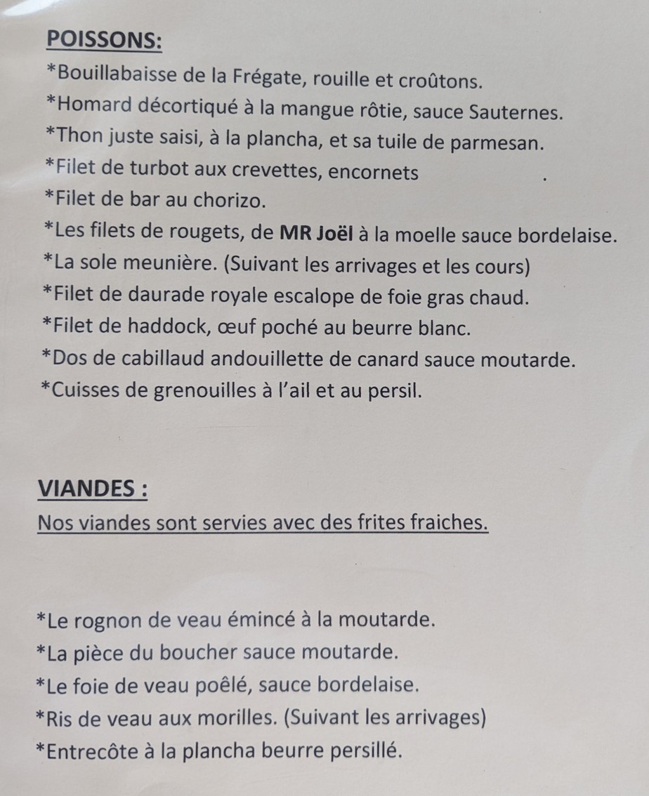 A La Frégate menu 2