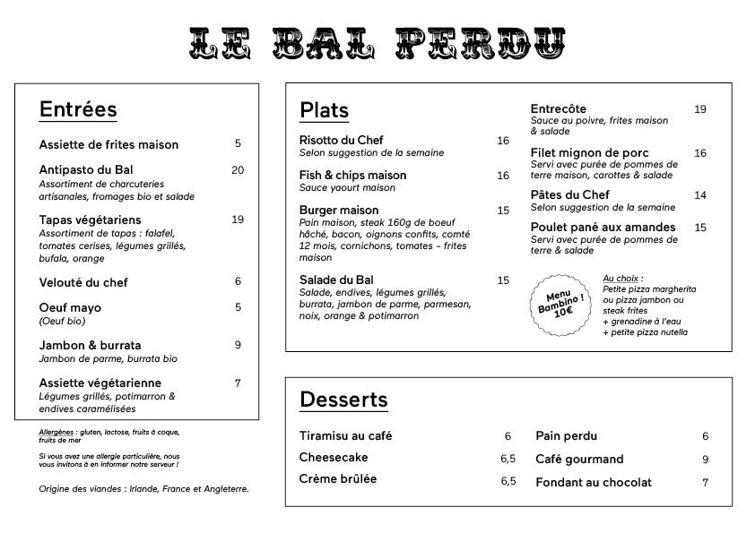 Le Bal Perdu menu 1