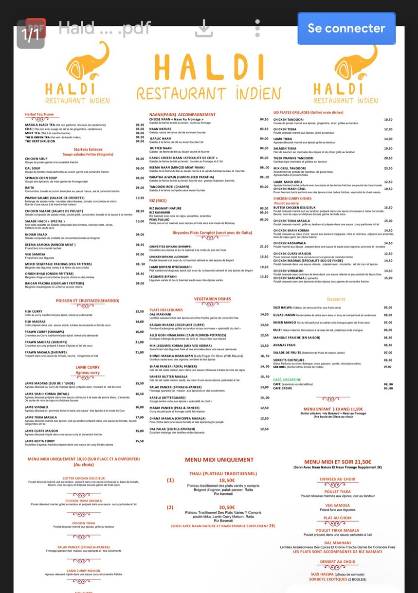 HALDI Restaurant Indien menu 1