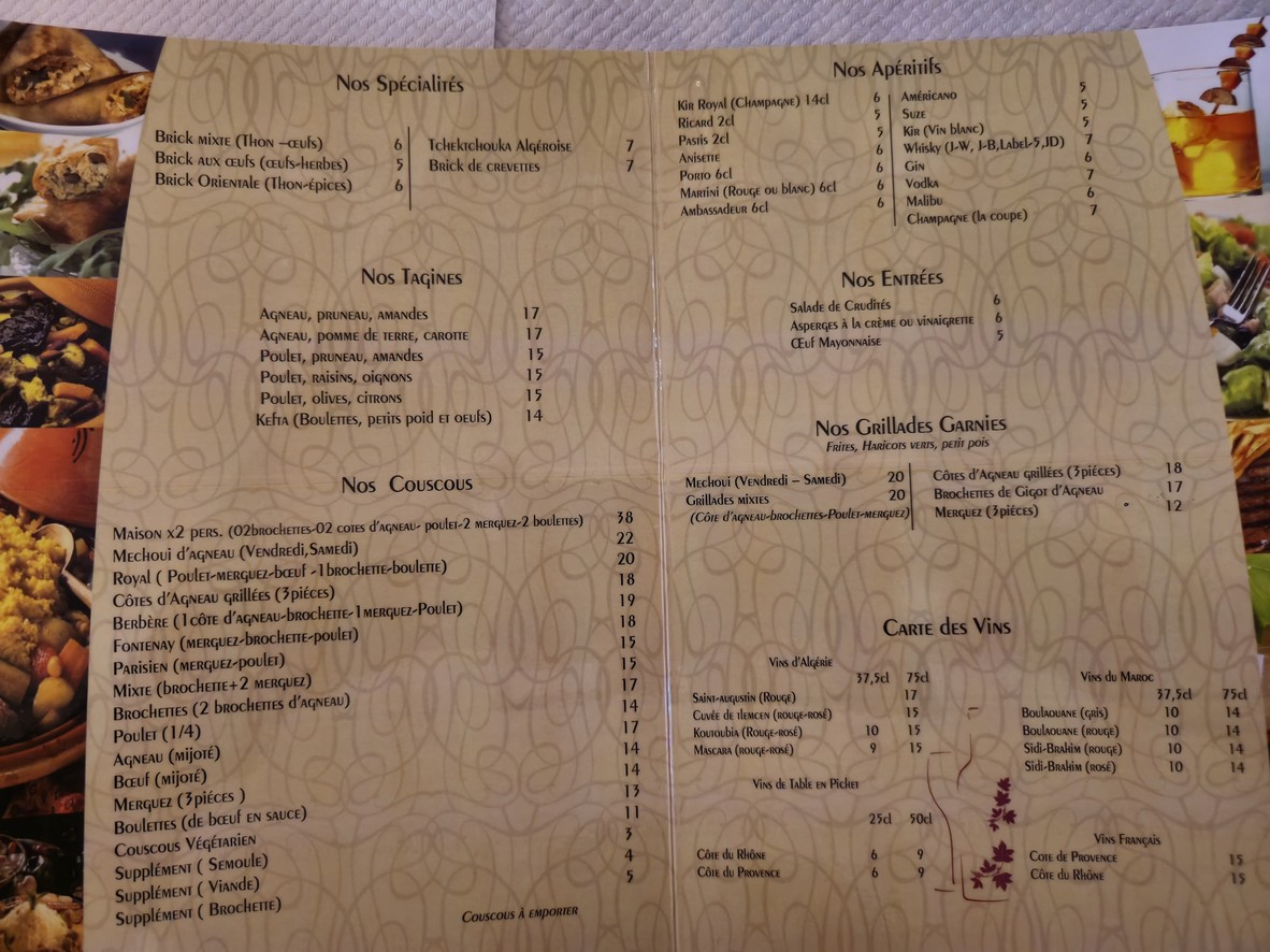 La Couscoussière de Fontenay menu 1