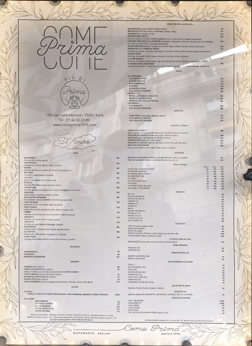 COME PRIMA by OSKIAN Restaurant Italien Paris 1 menu 1