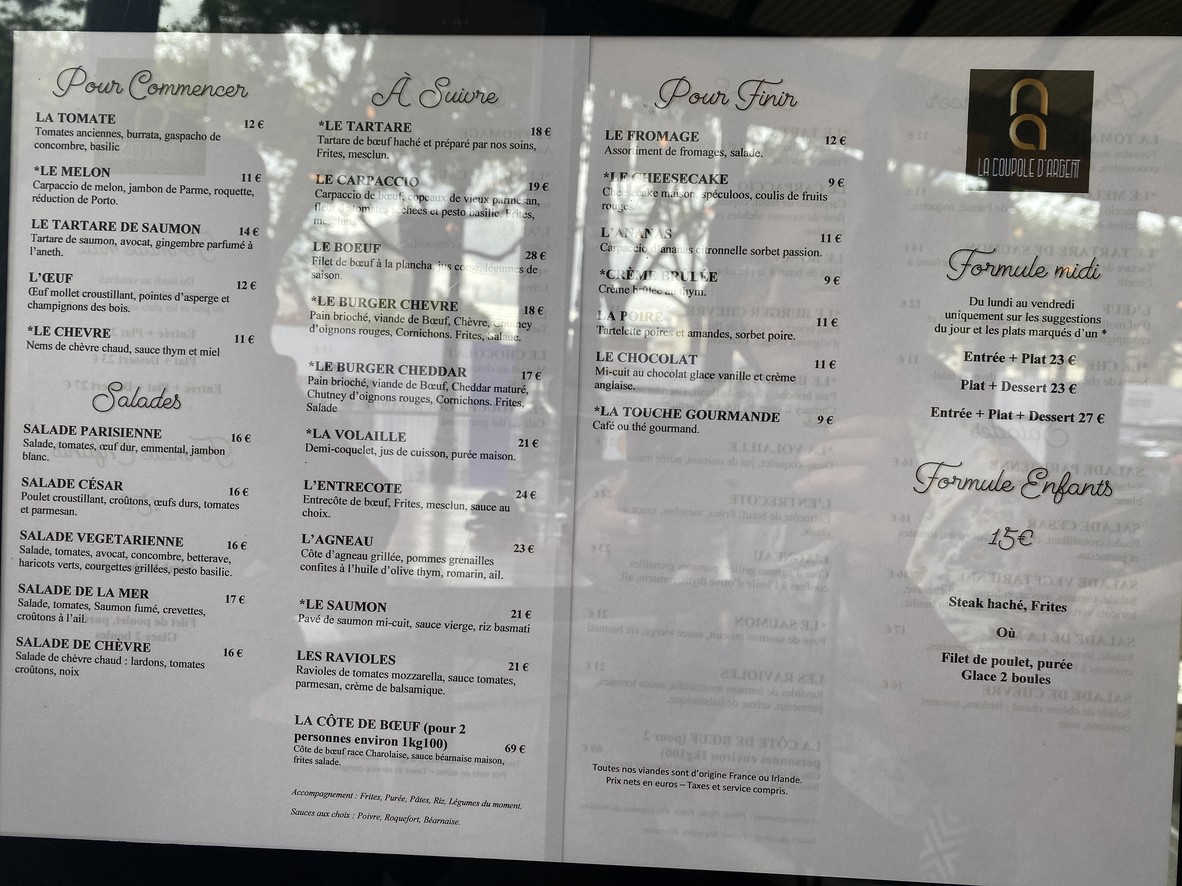 La Coupole d'Argent menu 1