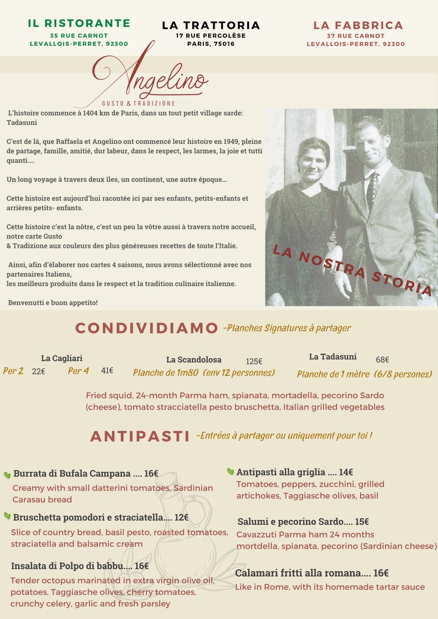 ANGELINO RISTORANTE- Levallois Perret menu 1