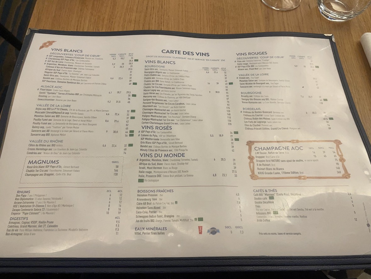 Vin & Marée Suffren Ecole Militaire menu 2