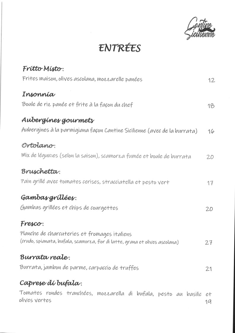 Cantine Sicilienne menu 1