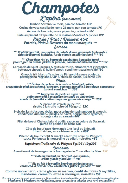 Champotes restaurant Porte de Champerret Paris 17 menu 1