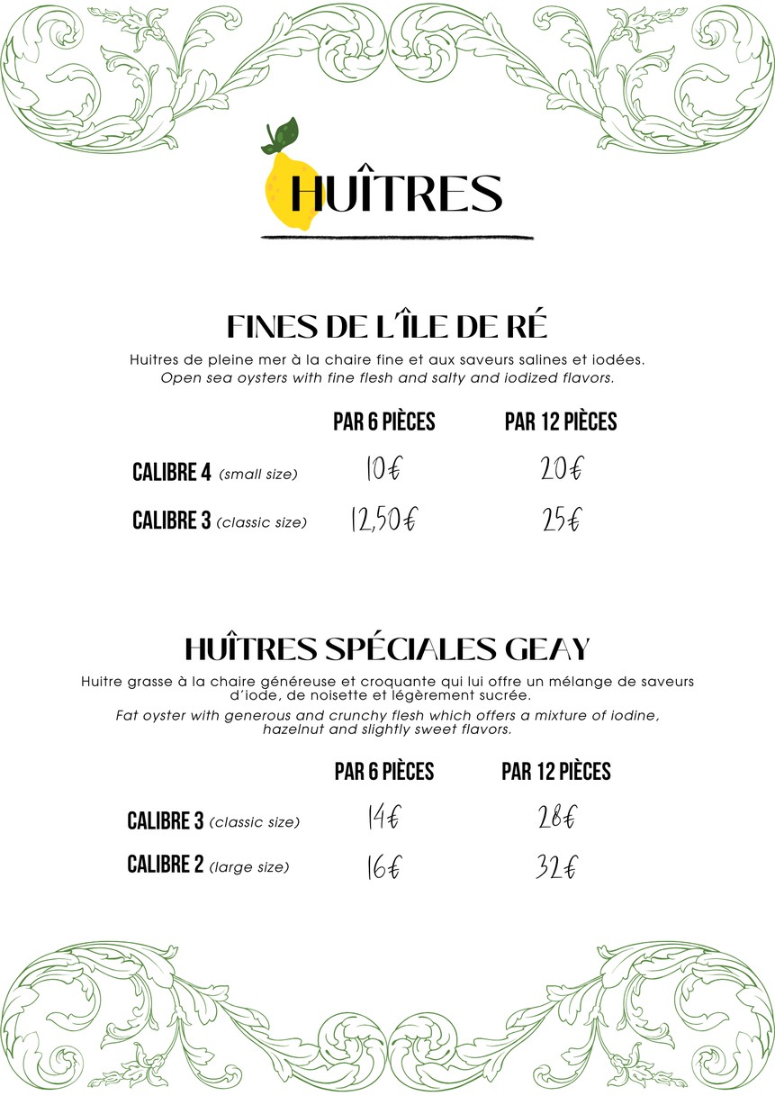 La Route de l'Huître menu 1
