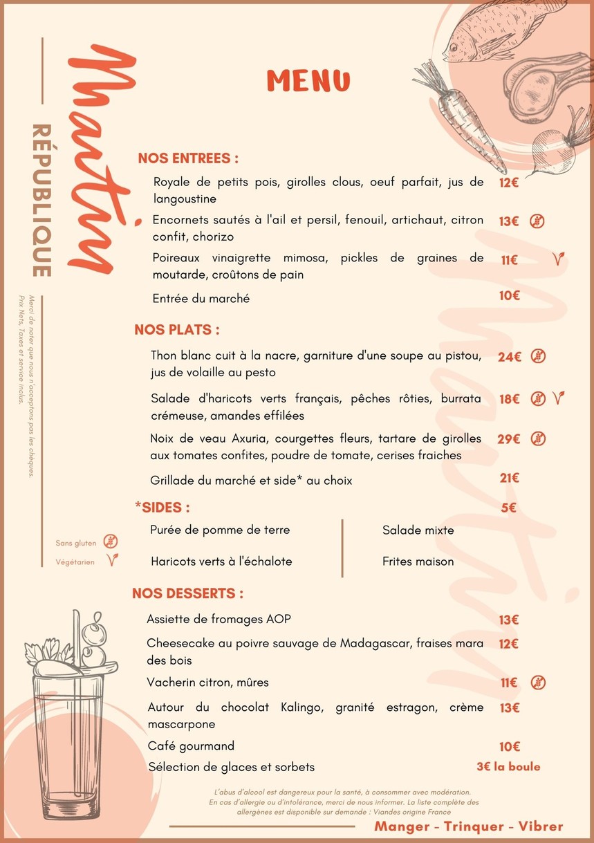 Restaurant Martin Paris menu 1