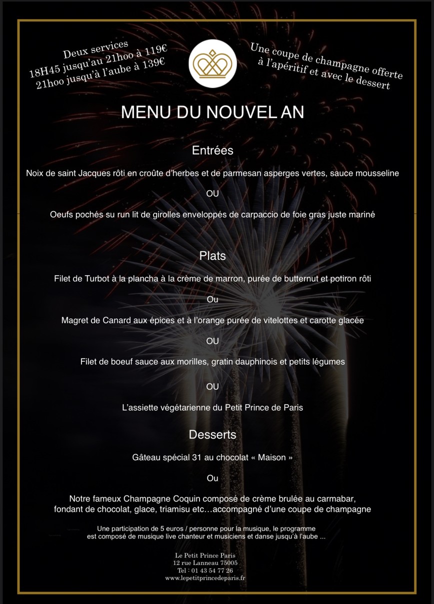 Le Petit Prince de Paris menu 1