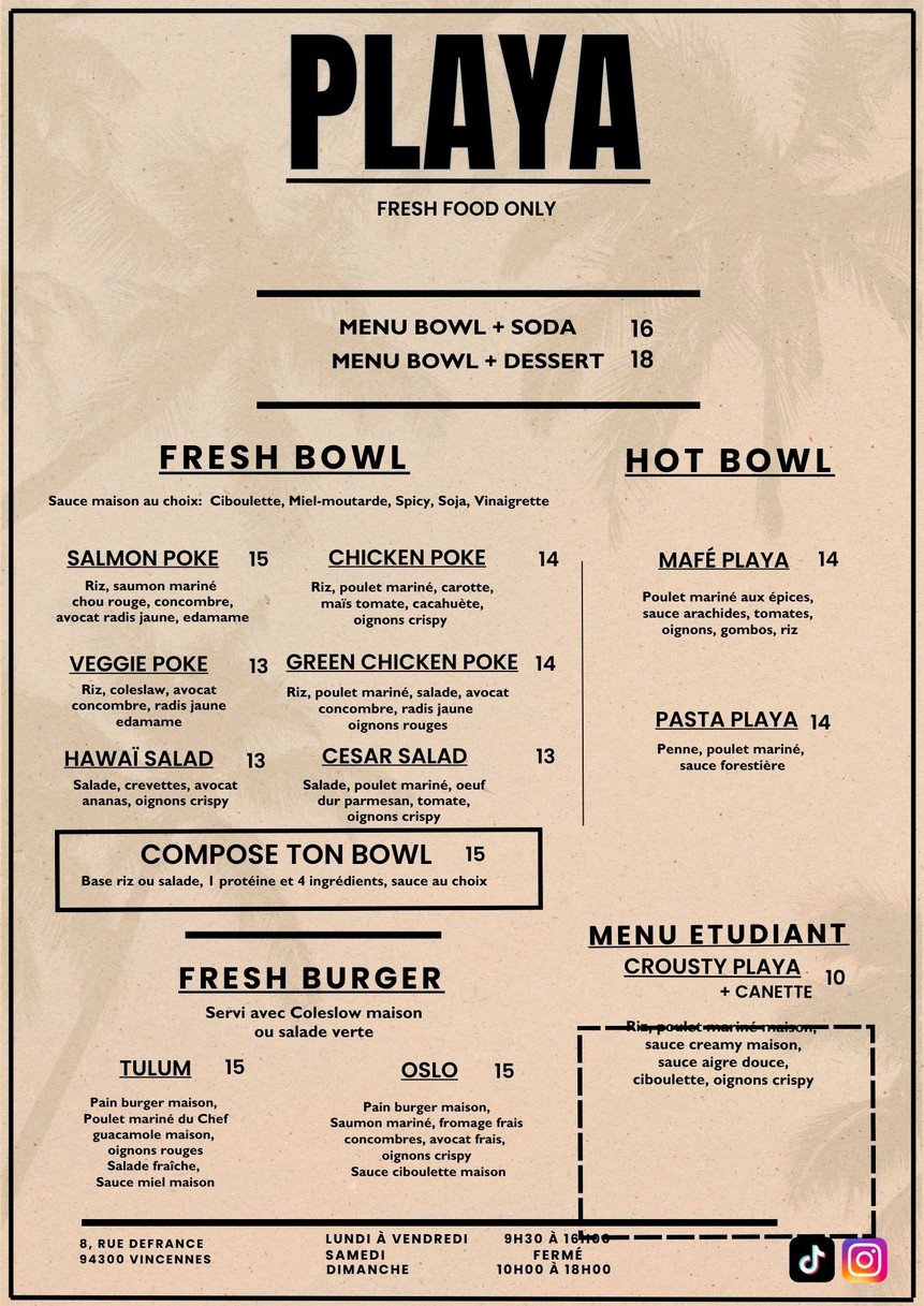 PLAYA Vincennes menu 1