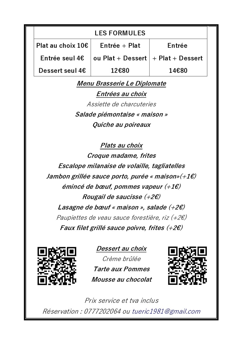 LE DIPLOMATE, TABAC, Bar, Brasserie, restaurant, FDJ, Presse et Vape menu 1