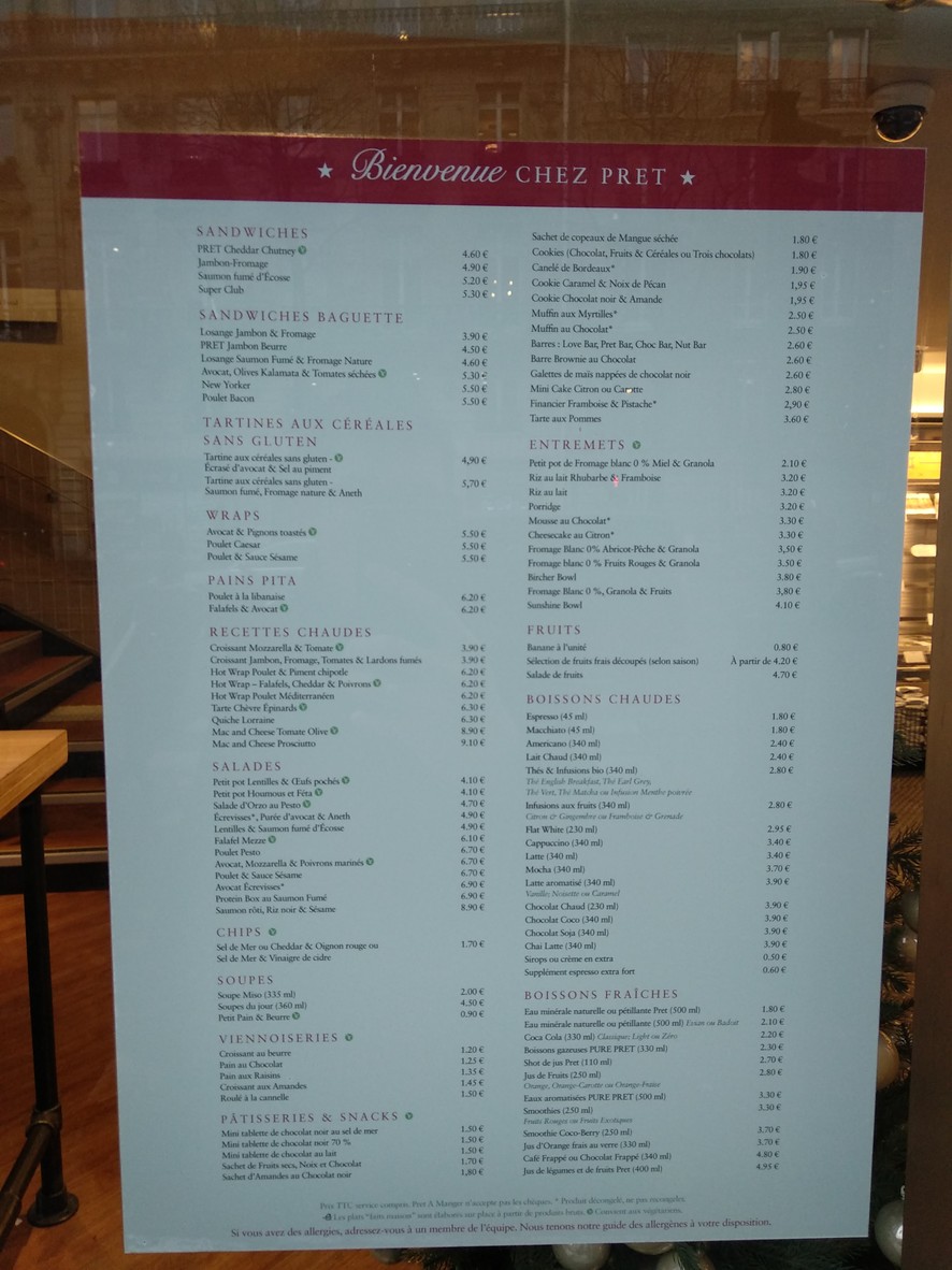 Pret A Manger Miromesnil menu 1