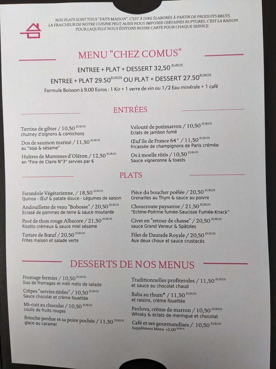 Chez Comus menu 1