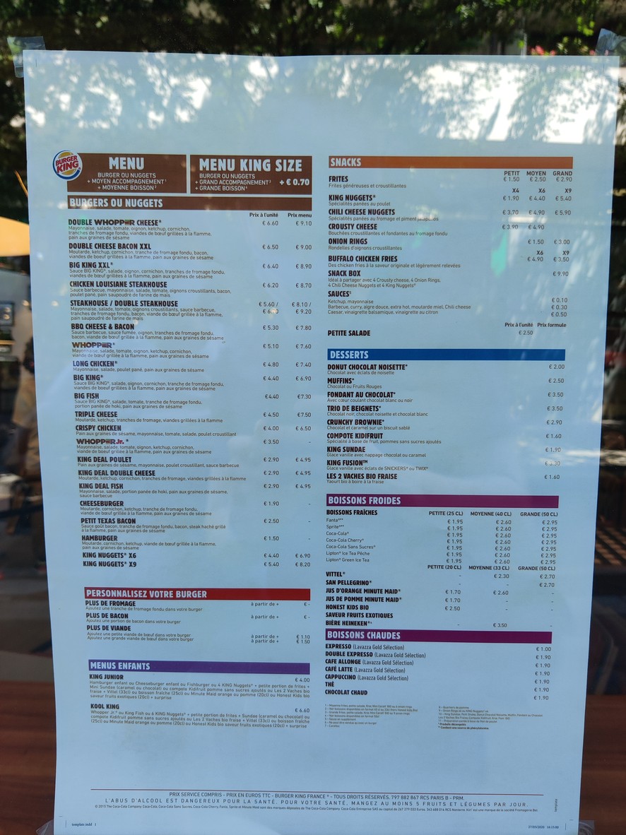 Burger King Paris BNF menu 1