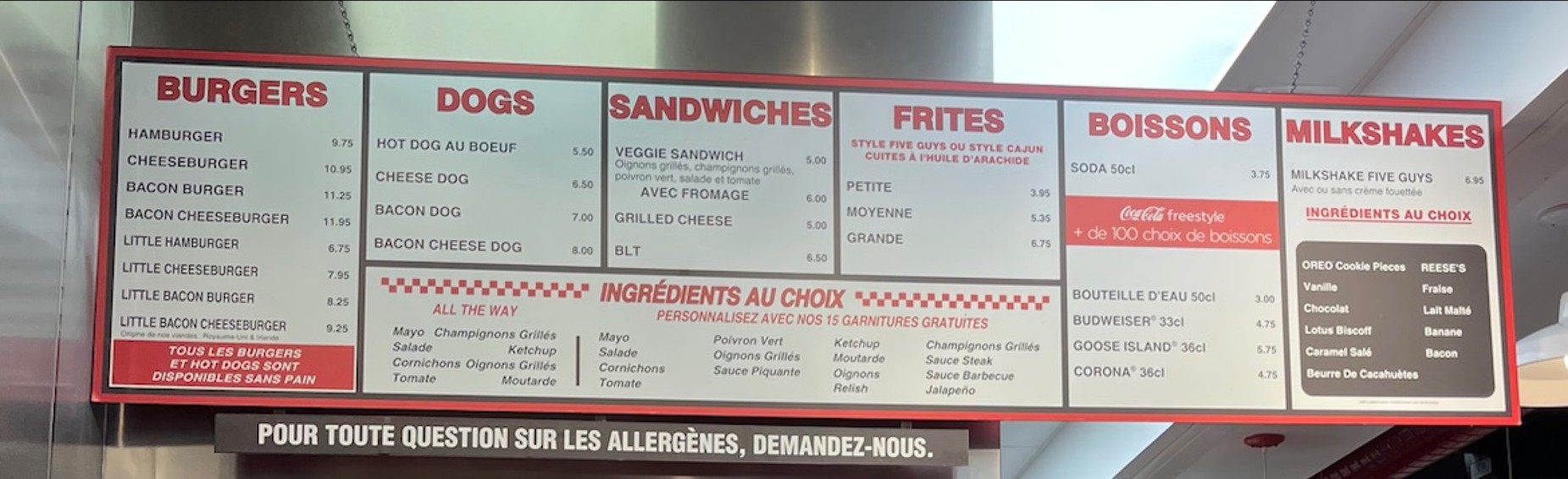 Five Guys Burgers and Fries Bercy Village menu 1