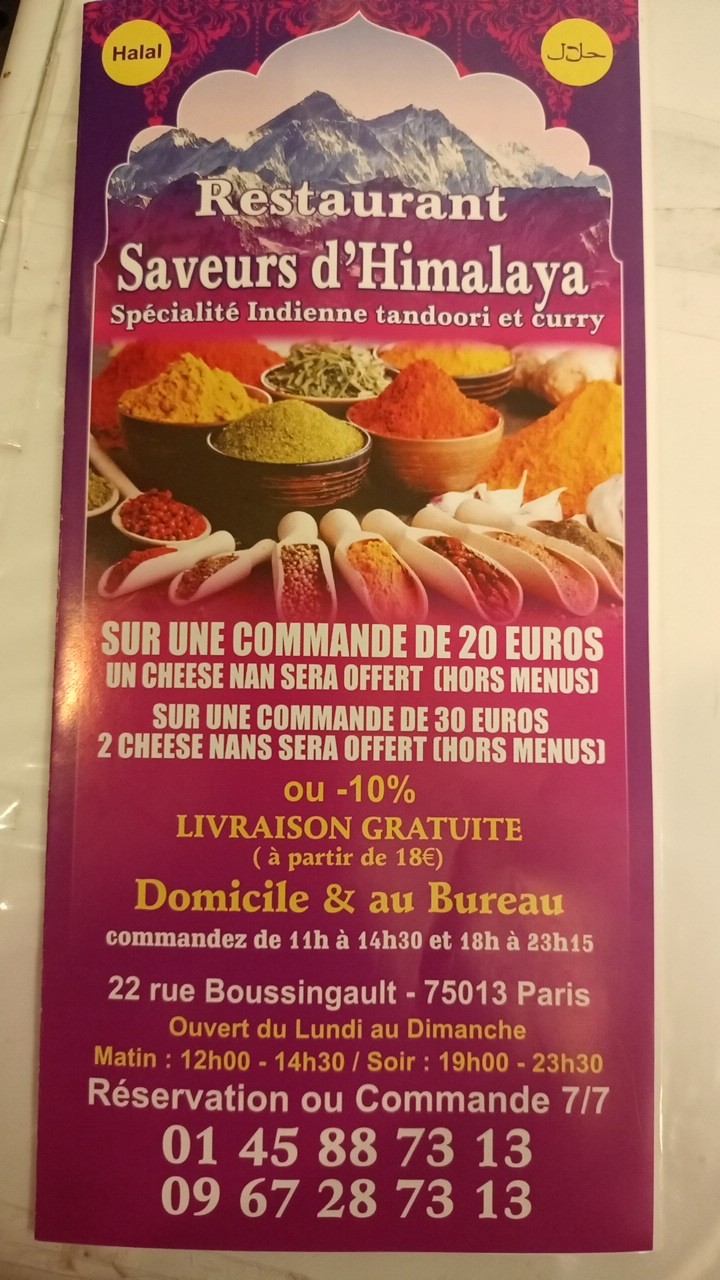 Saveurs d'Himalaya menu 1