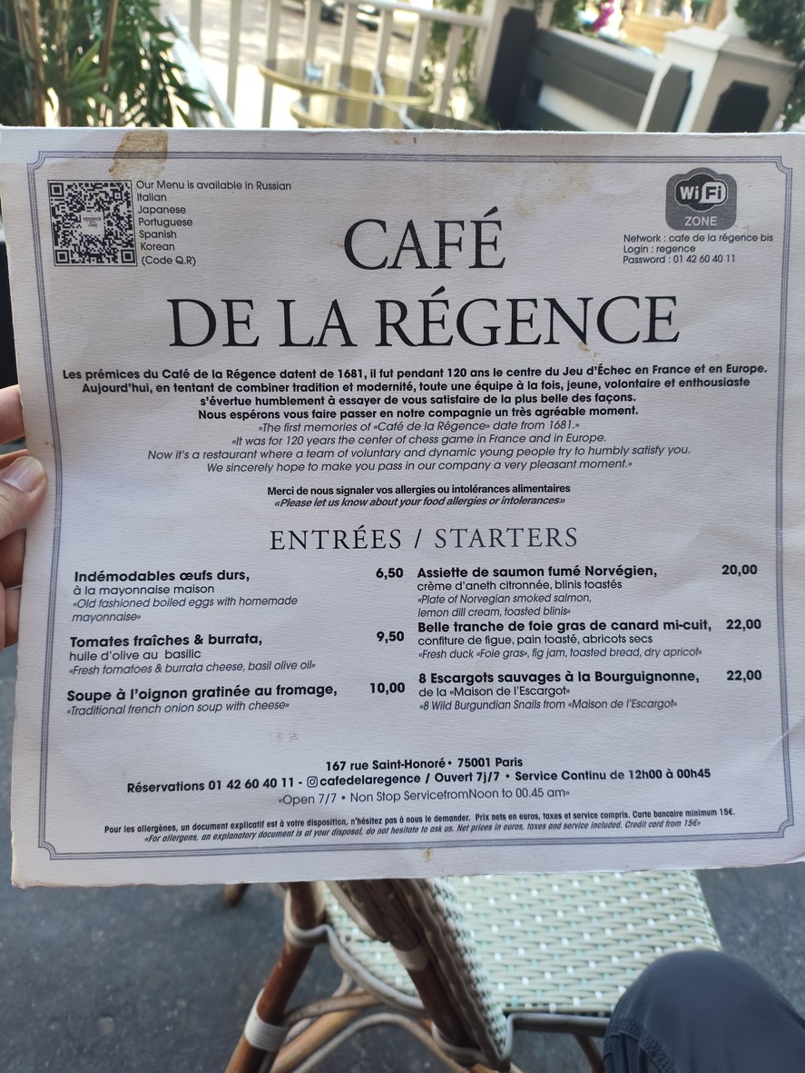 Café de la Régence menu 1