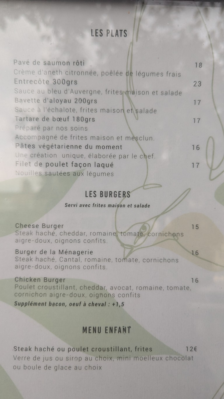 La Ménagerie menu 1