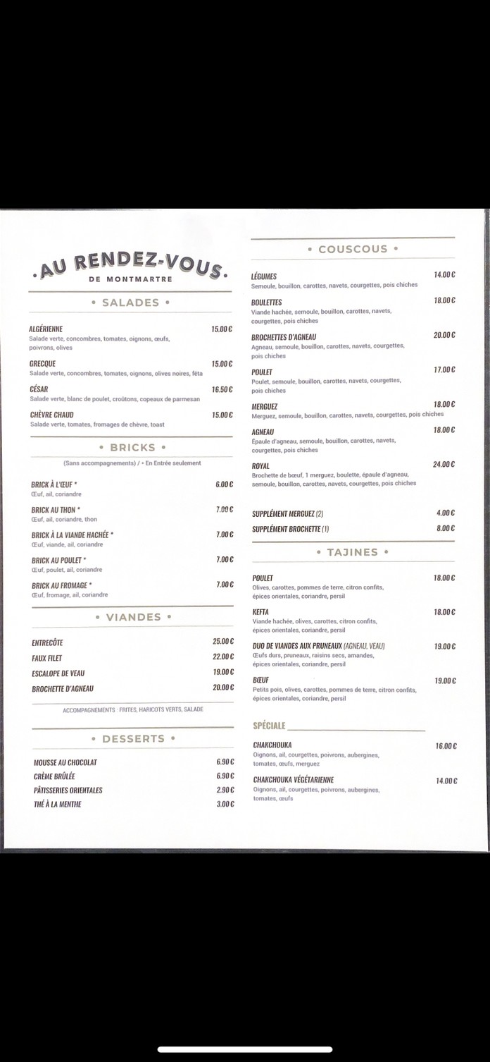 Au Rendez-Vous de Montmartre menu 1