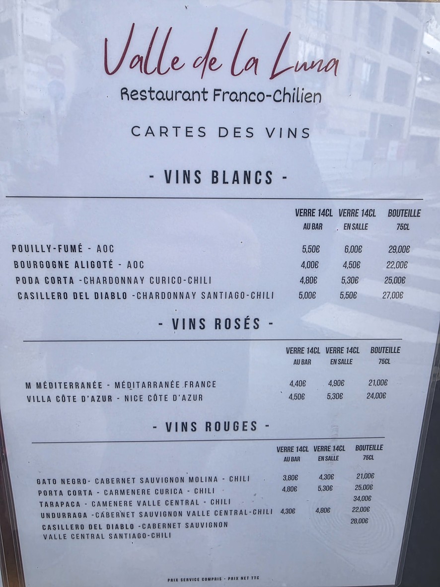 Valle de la Luna menu 2