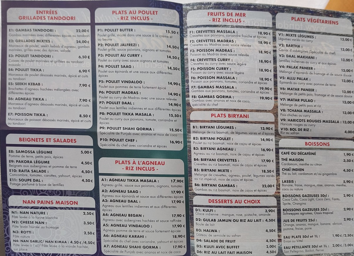 Restaurant indien Tandoori House menu 1