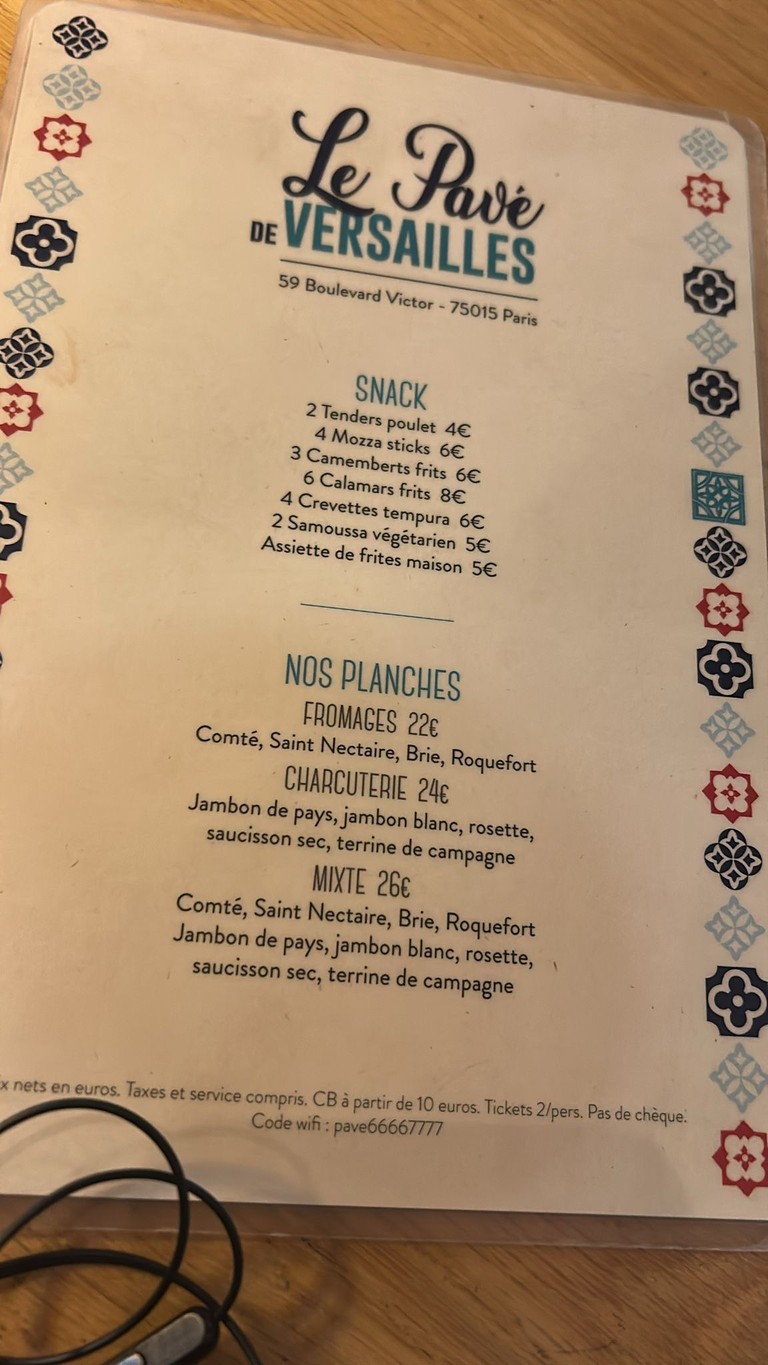 Le Pavé de Versailles menu 1