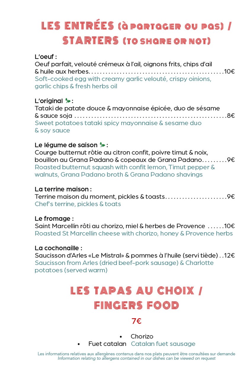 Bistrot JOOLS menu 1