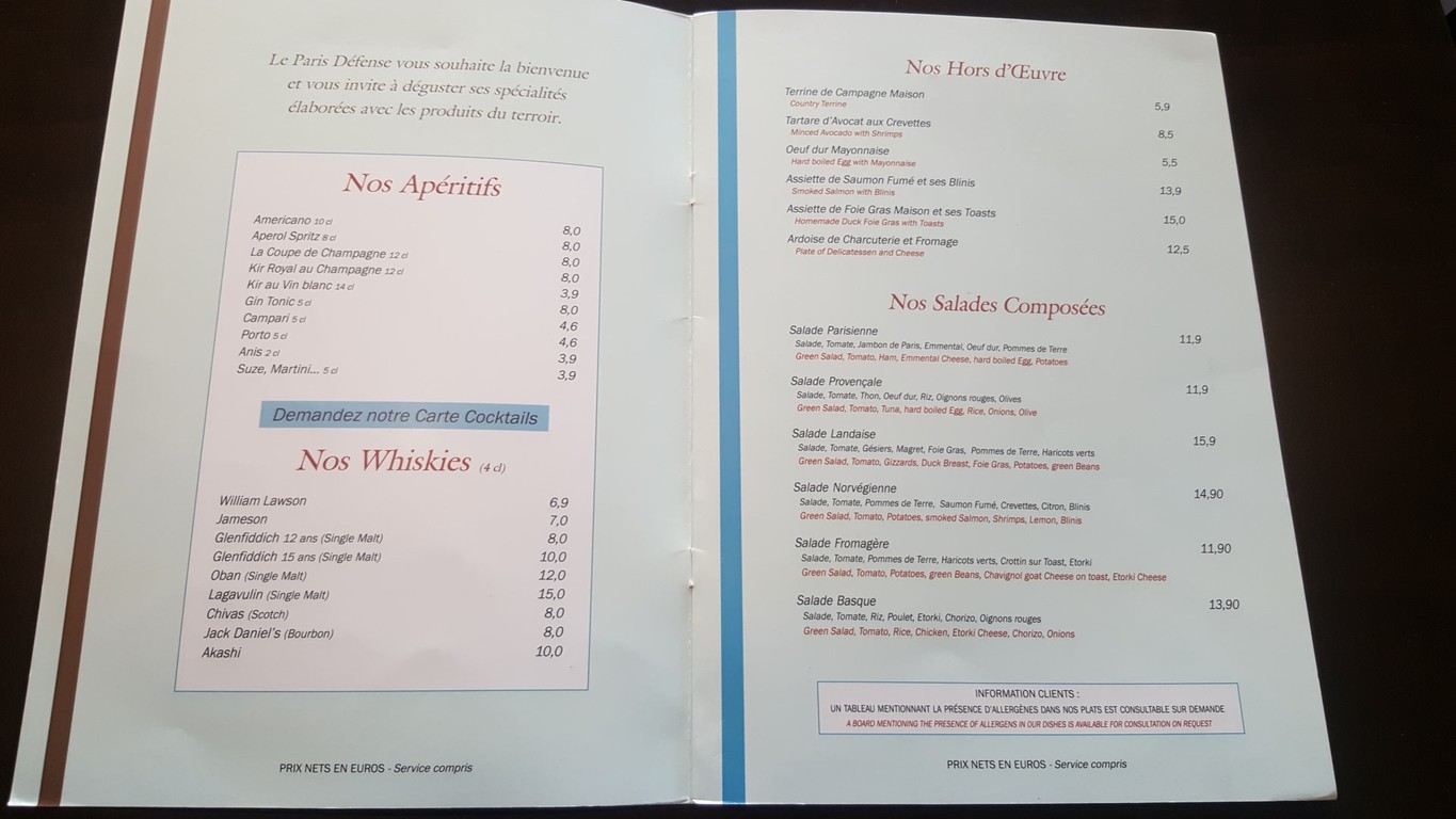 Brasserie Le Paris Défense menu 1