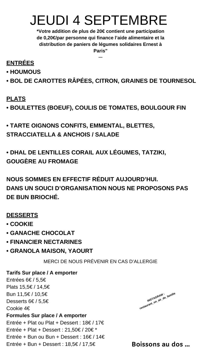 Un Air de Famille menu 1