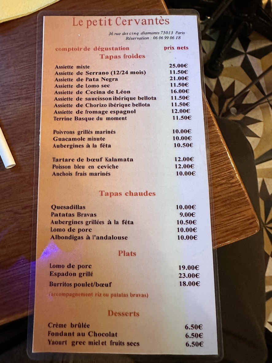 Le Petit Cervantes menu 1
