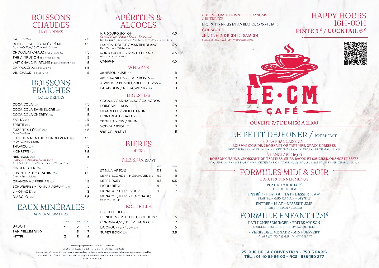 CM Café – Restaurant & Bar à Paris 15 menu 1