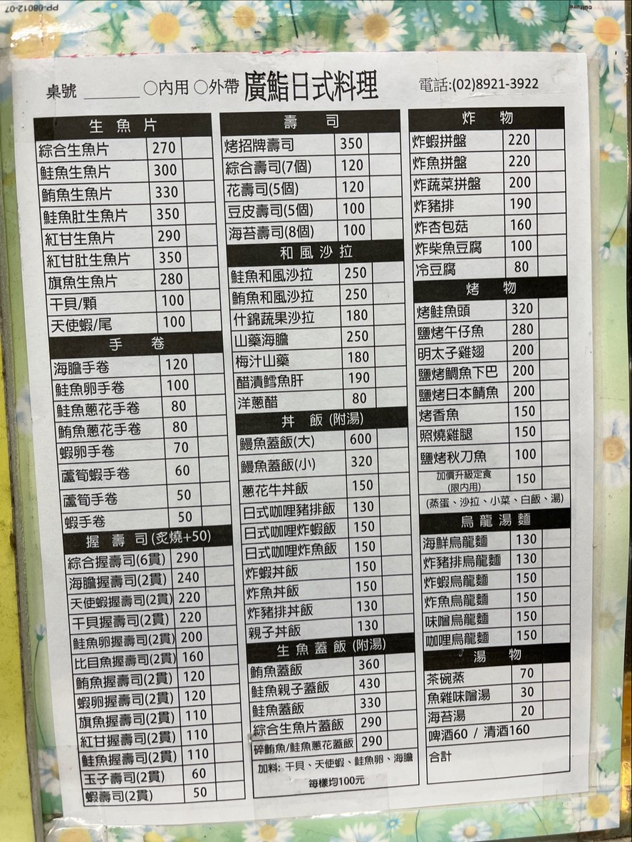 Guǎng qí rìběn liàolǐ menu 1