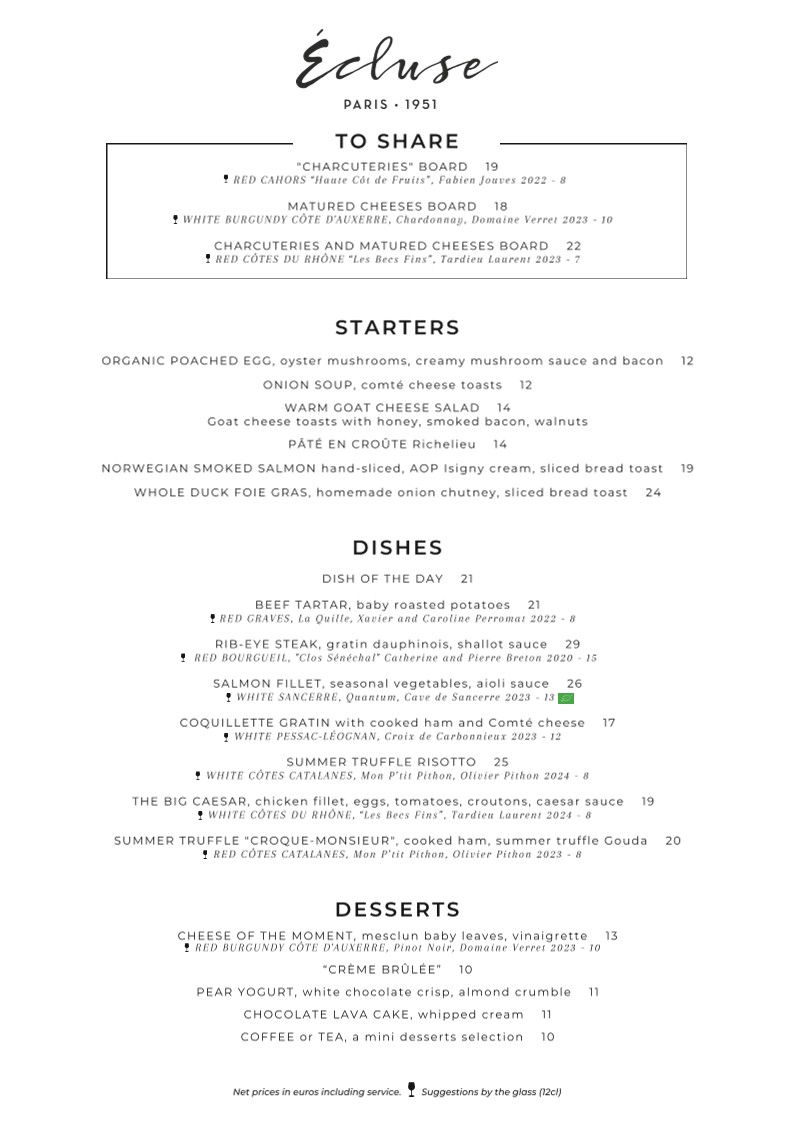 Écluse Madeleine menu 1