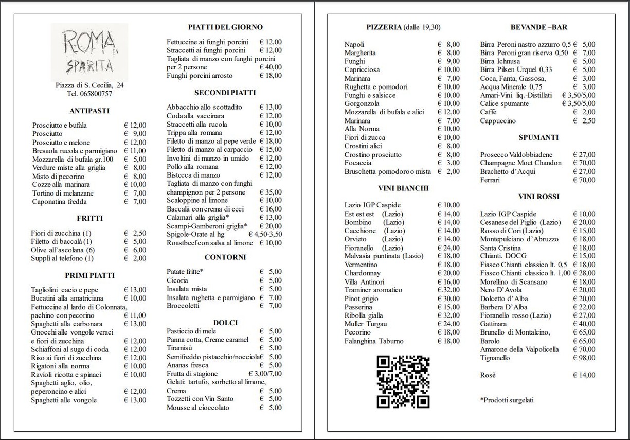 Roma Sparita menu 1