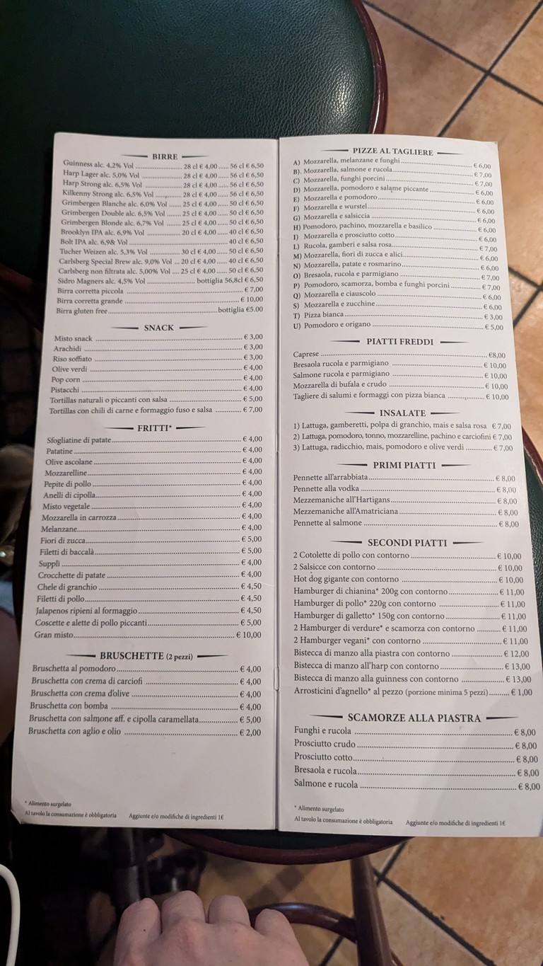 Hartigan's Irish menu 1