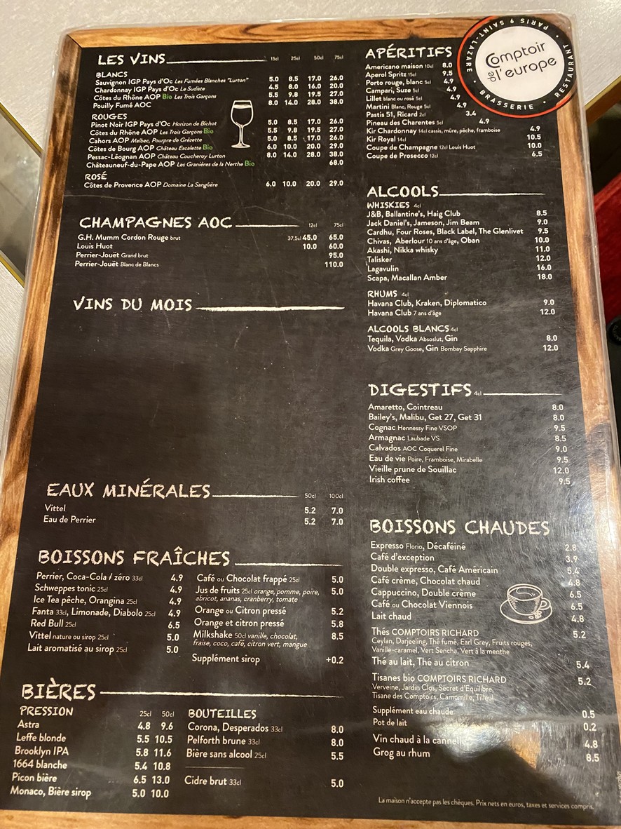 Le Comptoir de l'Europe menu 1