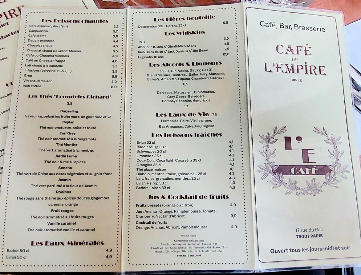 Café de l'Empire menu 1