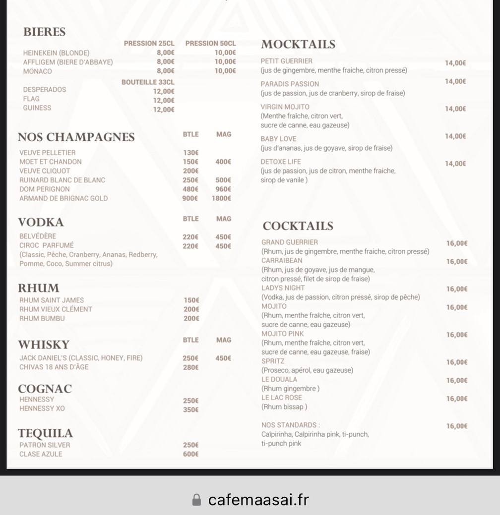 Le Maasaï Lounge menu 2
