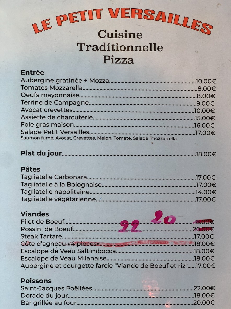 Le Petit Versailles menu 1