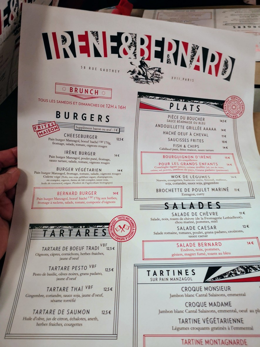 Chez Irène et Bernard menu 1