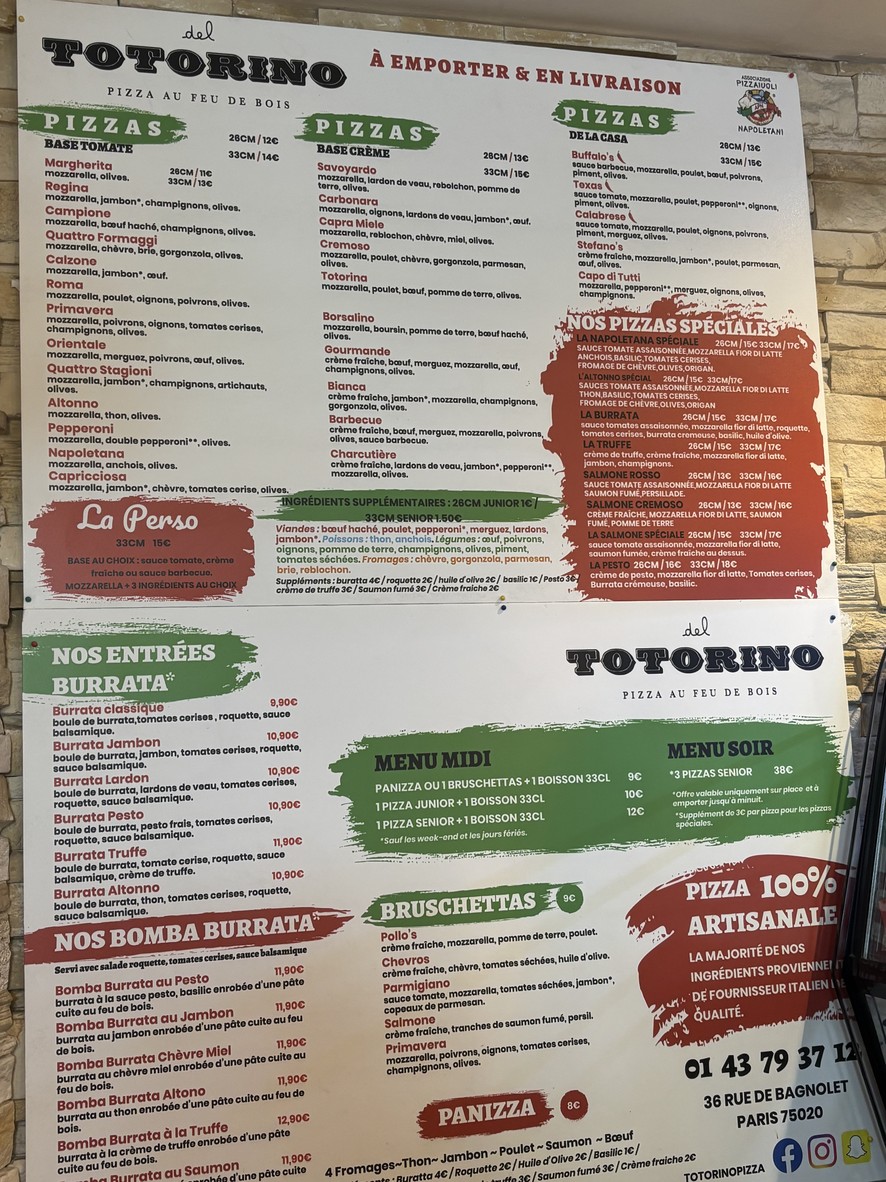 Del Totorino la pizza au feu de bois menu 1