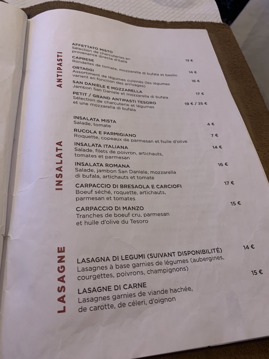 Tesoro d'Italia - Paradis menu 1