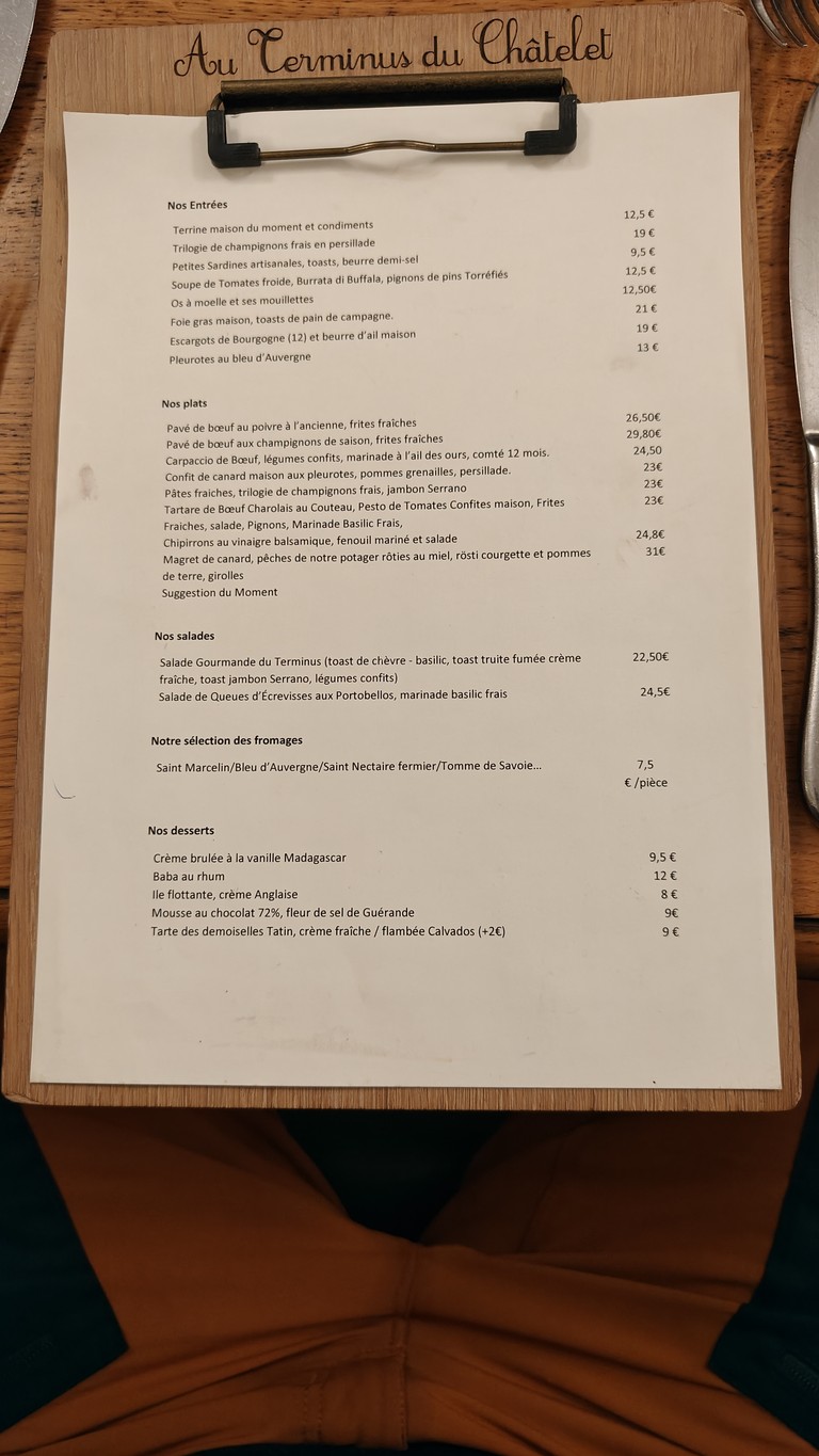 Au Terminus du Châtelet menu 1