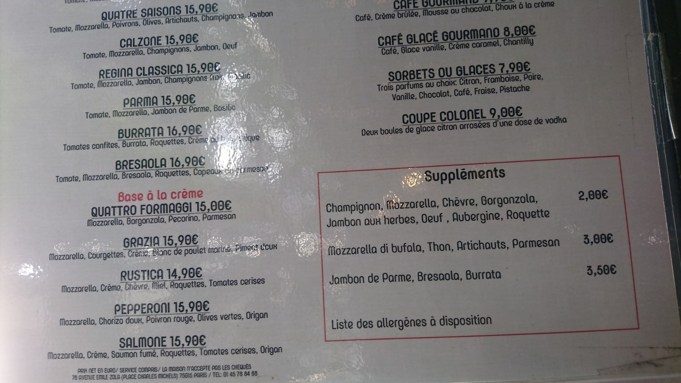 Le Relais du 15ème menu 2