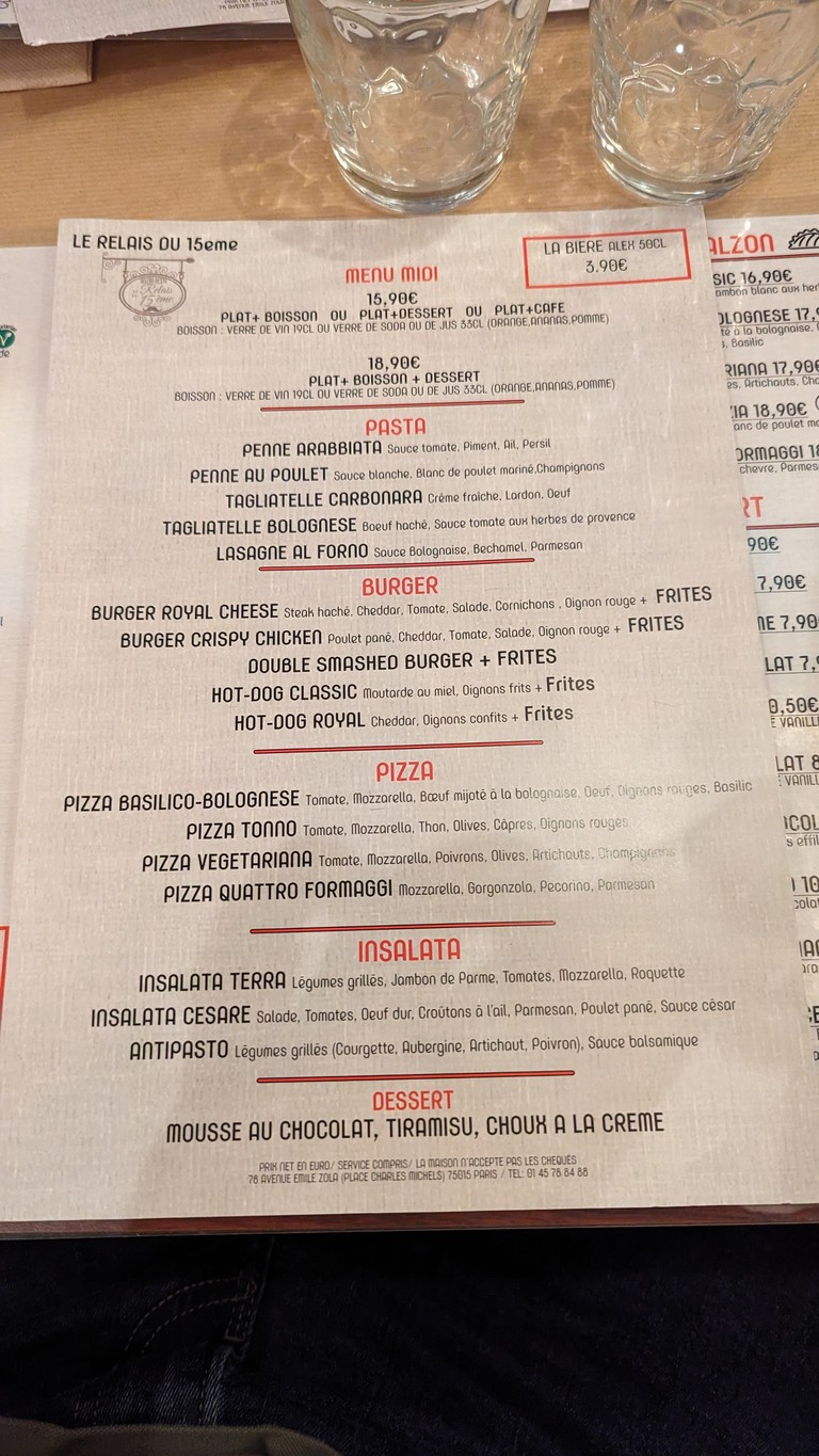 Le Relais du 15ème menu 3